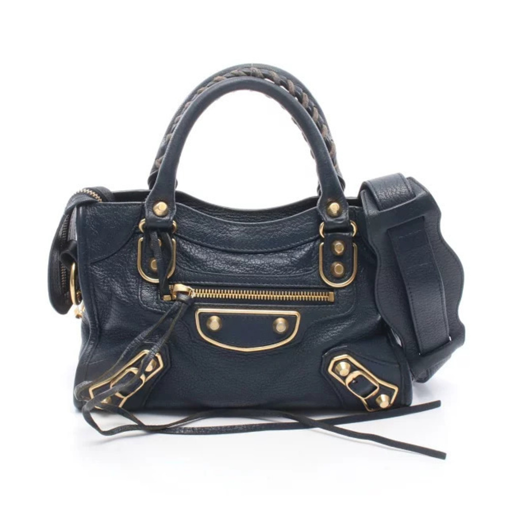 Balenciaga Metallic City Handbag Leather Navy Blue